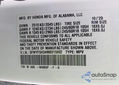 2021 Honda Pilot 2Wd Ex из США, поврежденный, VIN 5FNYF5H34MB015802